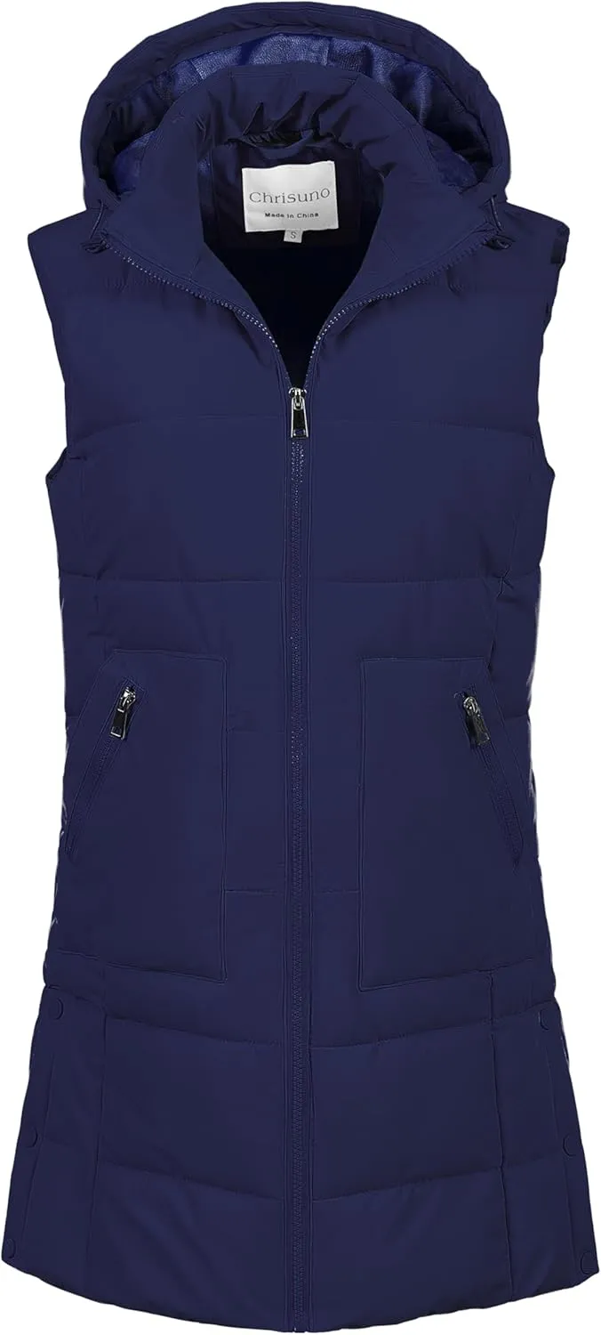 Chrisuno Women's Long Warm Puffer Vest Fleece Sleeveless Vests Waterproof Outerwear With Removable Hood