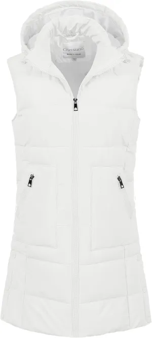 Chrisuno Women's Long Warm Puffer Vest Fleece Sleeveless Vests Waterproof Outerwear With Removable Hood