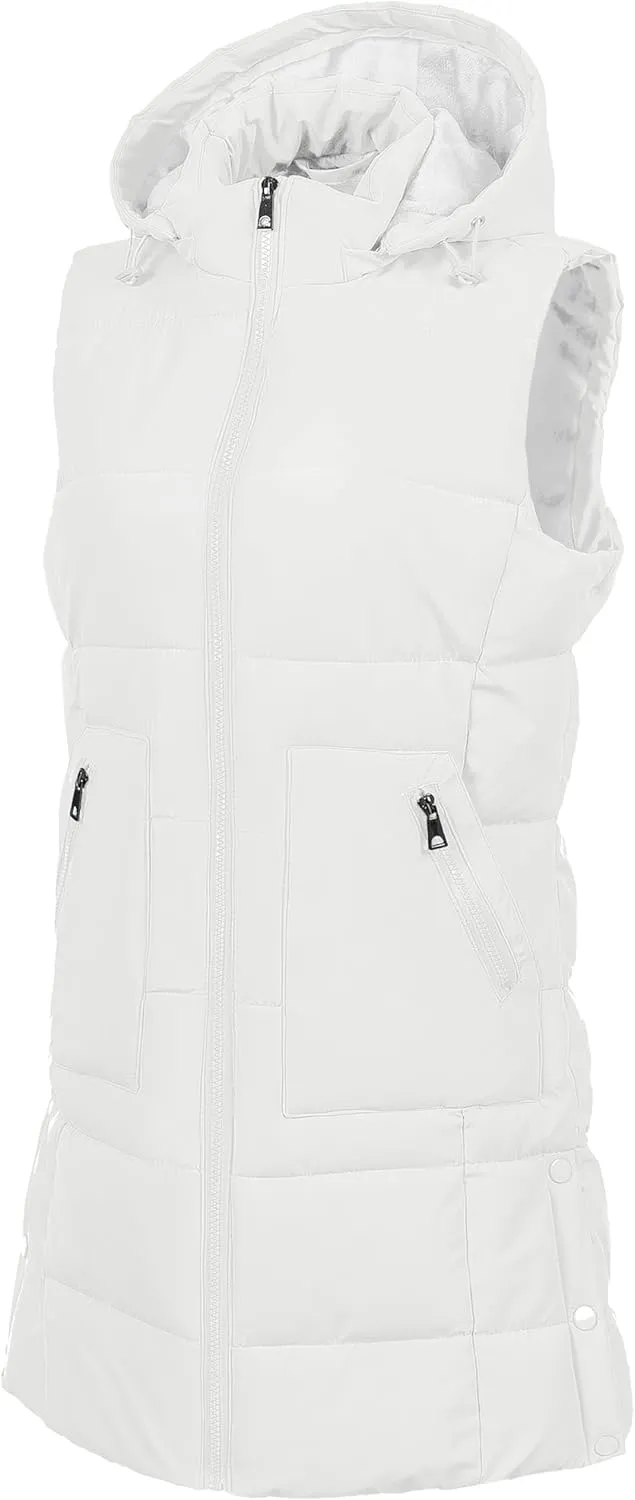 Chrisuno Women's Long Warm Puffer Vest Fleece Sleeveless Vests Waterproof Outerwear With Removable Hood