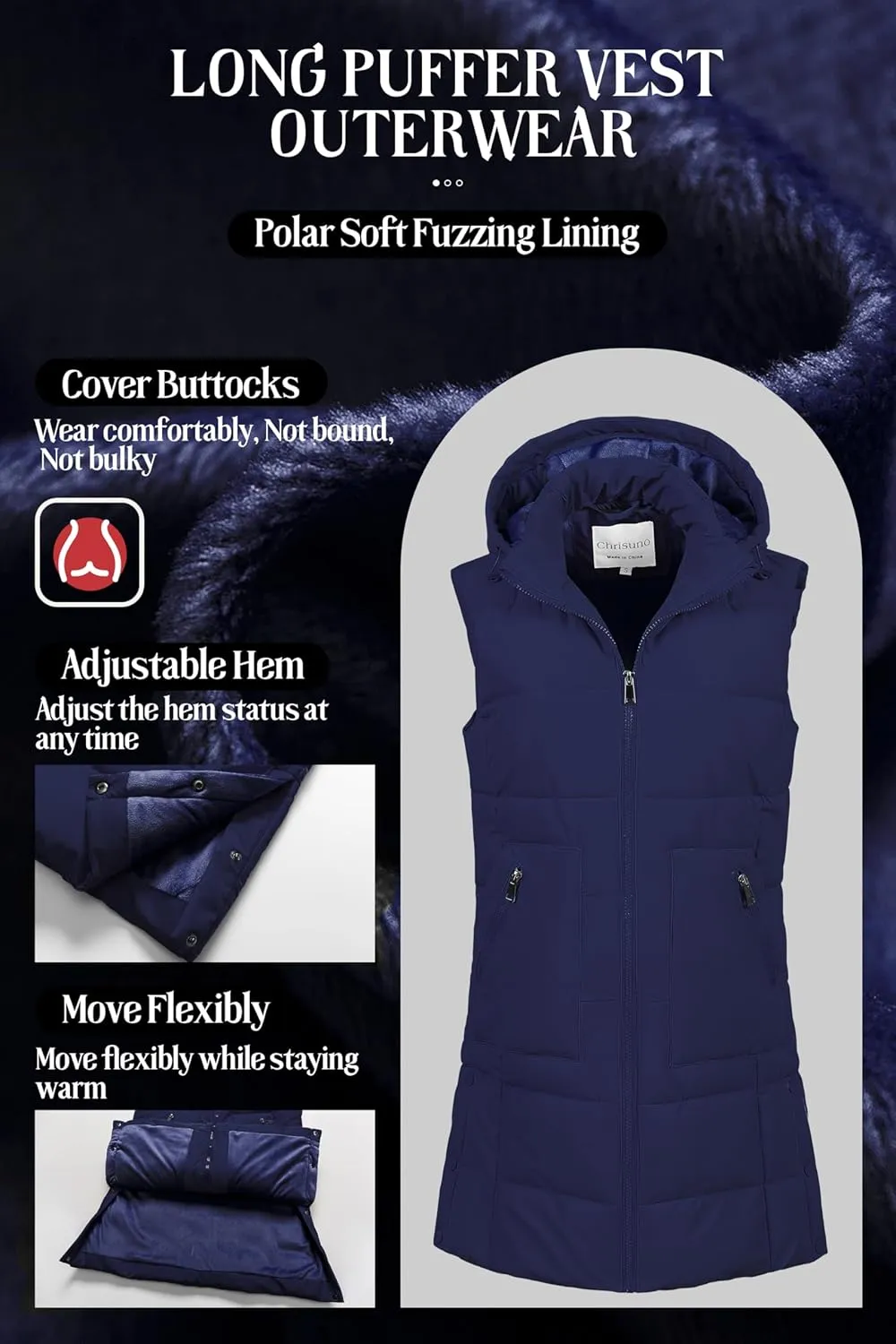 Chrisuno Women's Long Warm Puffer Vest Fleece Sleeveless Vests Waterproof Outerwear With Removable Hood