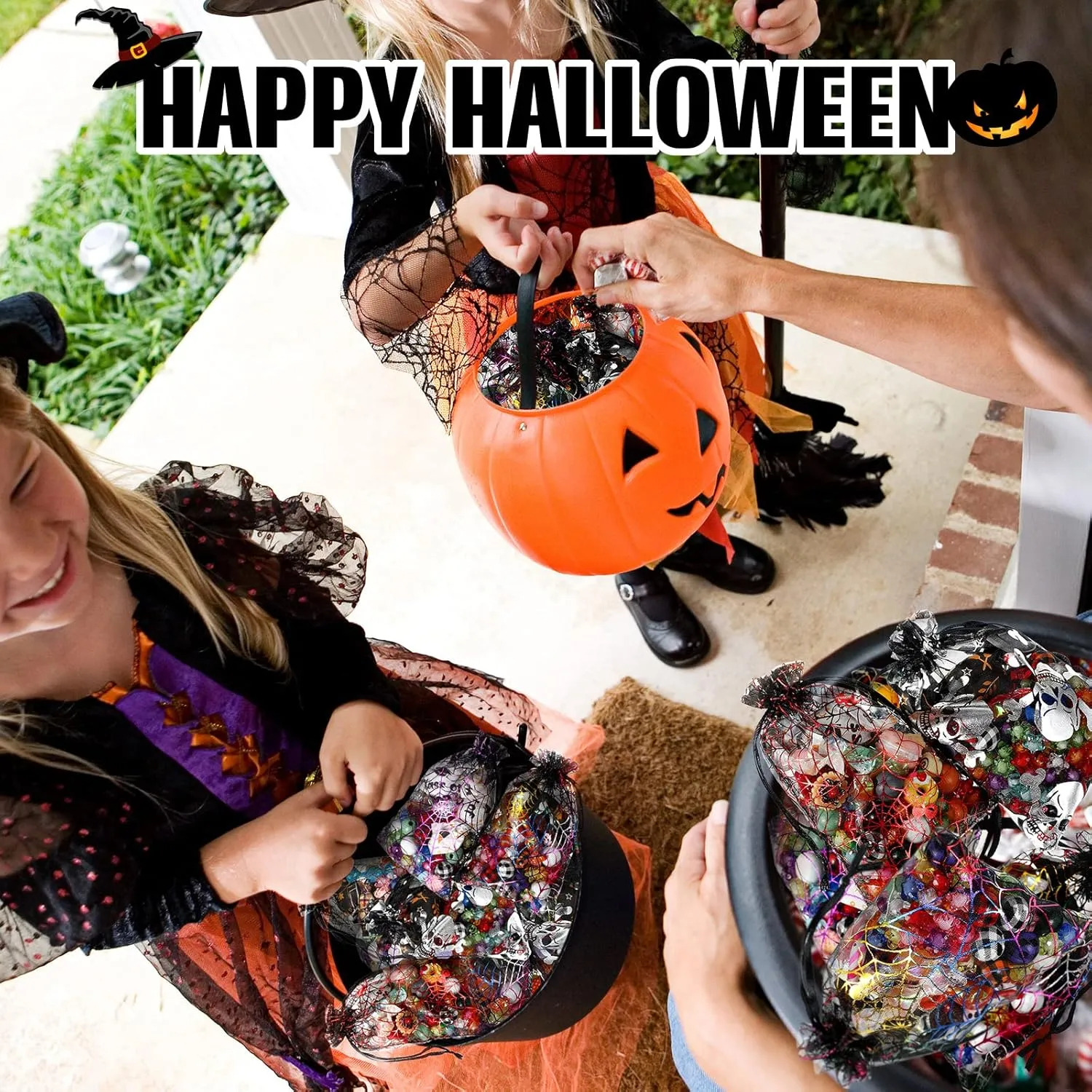 Chumia 270 Pcs Halloween Organza Bags Spider Web Skull Print Treat Bags with Drawstring Sheer Candy Gift Packing for Halloween Party Favors Supplies(4 x 5 Inch)