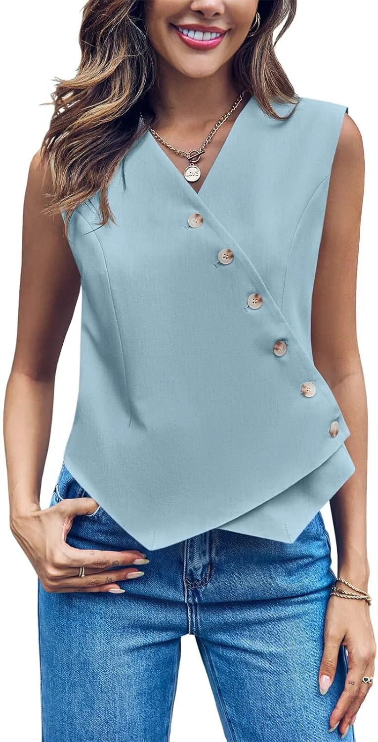 Cicy Bell Womens Waistcoat Vest Sleeveless Blazers V Neck Button Up Asymmetrical Hem Work Office Suit Vests