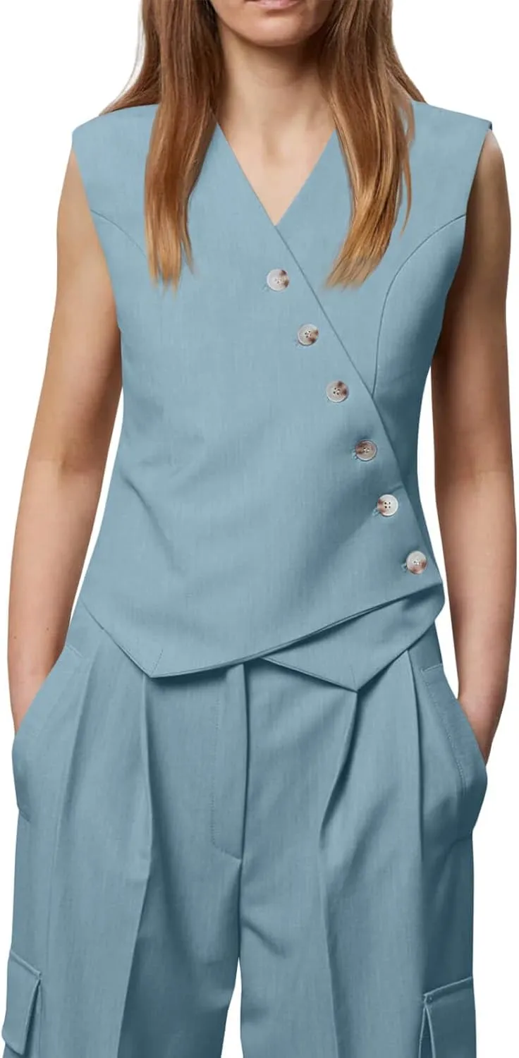 Cicy Bell Womens Waistcoat Vest Sleeveless Blazers V Neck Button Up Asymmetrical Hem Work Office Suit Vests