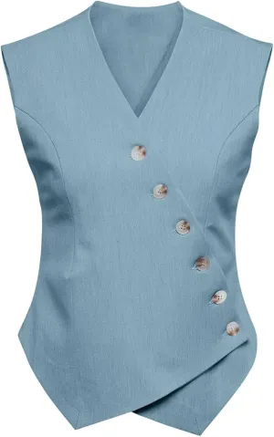 Cicy Bell Womens Waistcoat Vest Sleeveless Blazers V Neck Button Up Asymmetrical Hem Work Office Suit Vests