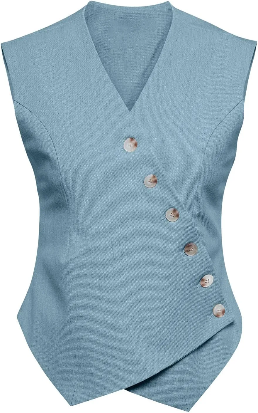 Cicy Bell Womens Waistcoat Vest Sleeveless Blazers V Neck Button Up Asymmetrical Hem Work Office Suit Vests