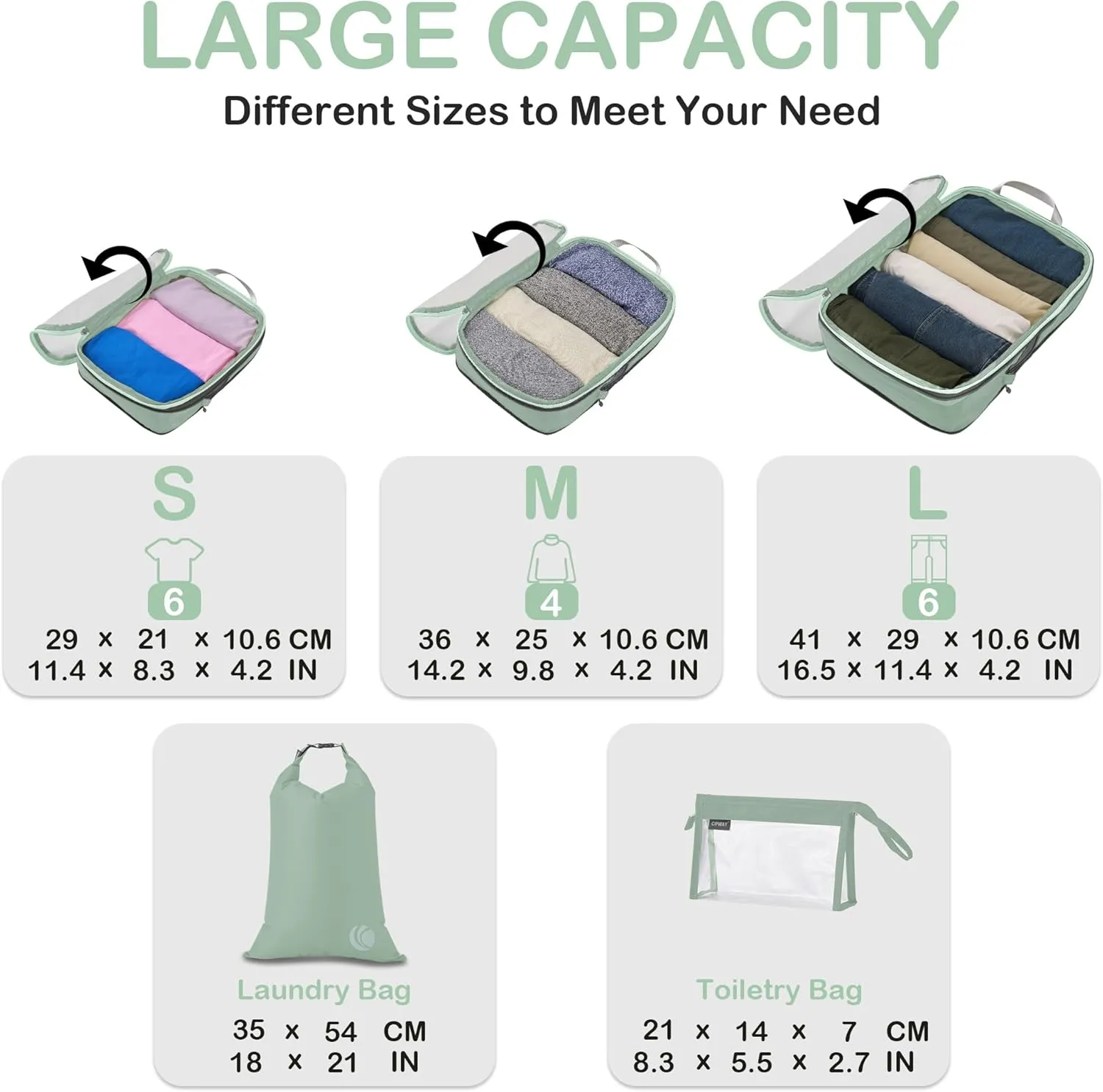 Cipway Compression Packing Cubes, See Through Mesh Luggage Organizer Bags, Travel Essentials for Carry on Suitcase with Laundry Bag and Clear Toiletries Bag6 Pcs,Sage Green