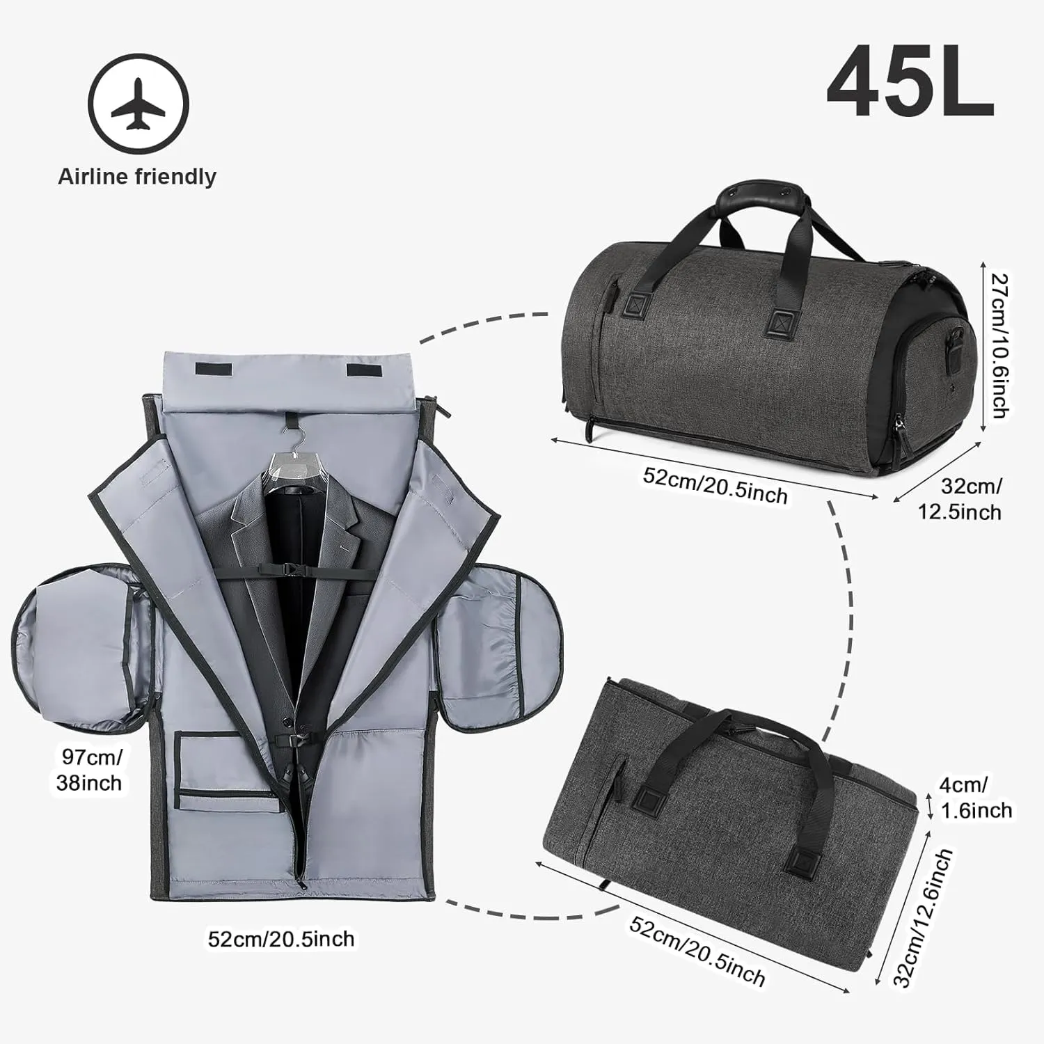 Convertible Garment Bag with Shoe Compartment,Carry on with Backpack Straps,3 in 1 Hanging Suitcase Suit,Black