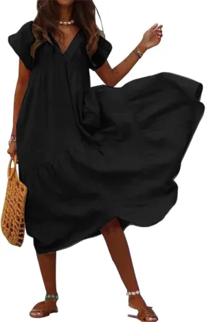 Cotton Gauze Dress for Women Casual Short Sleeve Women's Flowy Summer Loose Tiered Boho Maxi Dresses Black Ruffled Midi Dresses Plus Size Ladies Beach Wear Clothing,M