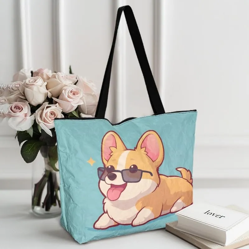 Cute Corgi Dog Women Tote Bag, Halloween Gothic Skull Butterfly Paper Handbag, Watercolor Cocount Tree Commute Bag
