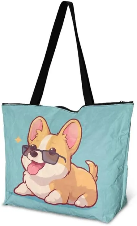 Cute Corgi Dog Women Tote Bag, Halloween Gothic Skull Butterfly Paper Handbag, Watercolor Cocount Tree Commute Bag