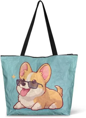 Cute Corgi Dog Women Tote Bag, Halloween Gothic Skull Butterfly Paper Handbag, Watercolor Cocount Tree Commute Bag