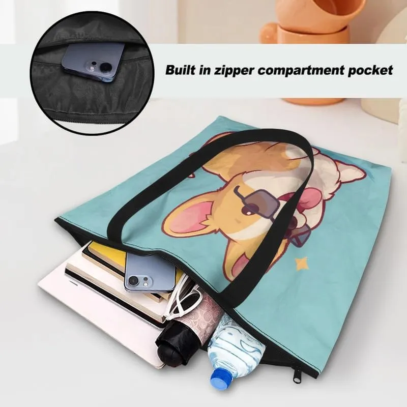 Cute Corgi Dog Women Tote Bag, Halloween Gothic Skull Butterfly Paper Handbag, Watercolor Cocount Tree Commute Bag