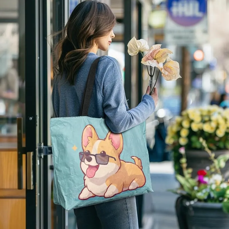 Cute Corgi Dog Women Tote Bag, Halloween Gothic Skull Butterfly Paper Handbag, Watercolor Cocount Tree Commute Bag