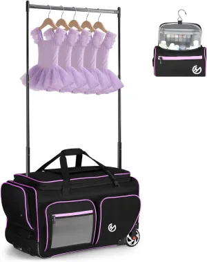Dance Bag with Garment Rack 25"Garment Bags for Travel | Foldable Rolling Duffle with Cosmetic/ Shoes Bag Wheeled Dance Competition Luggage with Wet/Dry Separator Layer/Insulation Pocket-Black Pink