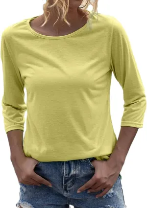 Danedvi Women Fashion O-Neck 3/4 Sleeve T Shirt Solid Casual Basic Tops