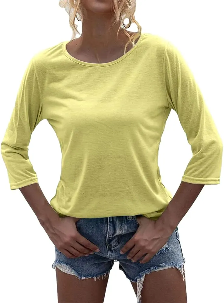 Danedvi Women Fashion O-Neck 3/4 Sleeve T Shirt Solid Casual Basic Tops