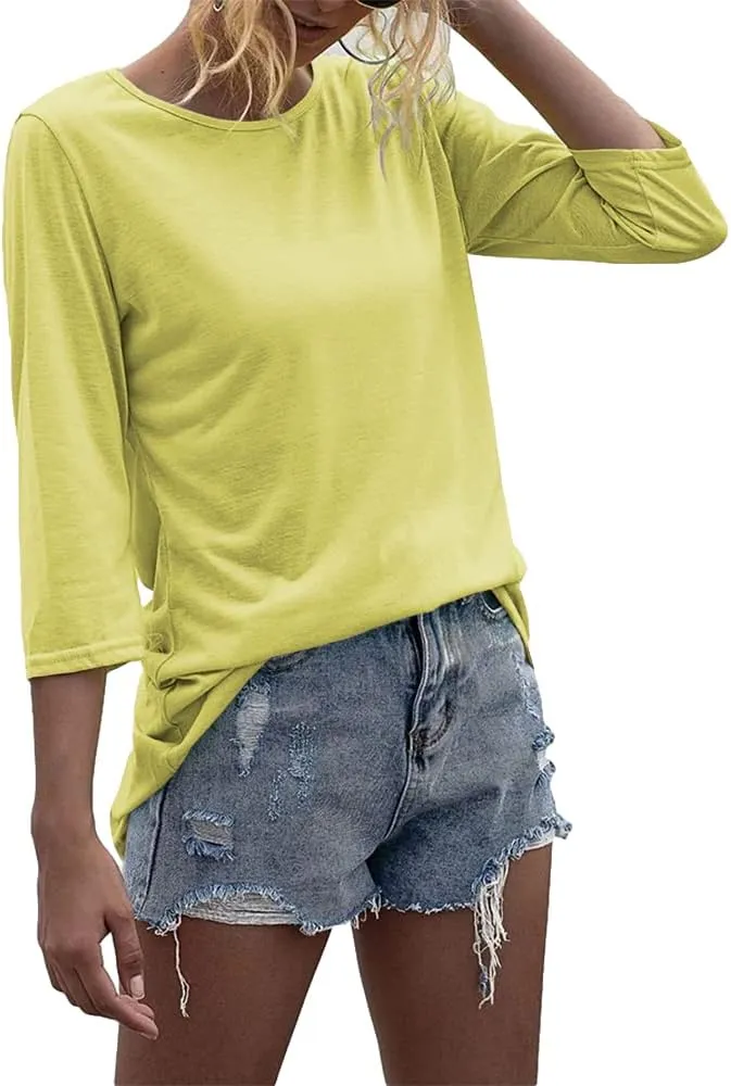 Danedvi Women Fashion O-Neck 3/4 Sleeve T Shirt Solid Casual Basic Tops