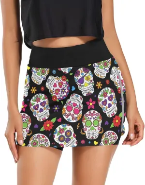 Day of The Dead Sugar Skull Woman Tennis Skirts with Pockets Hiking Running Workout Skorts Skirts
