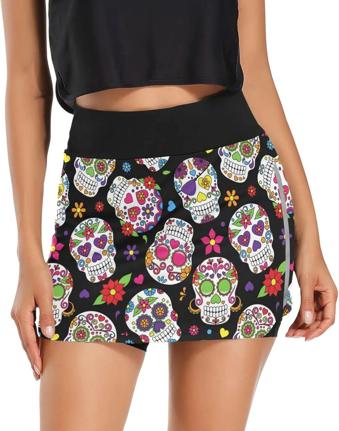 Day of The Dead Sugar Skull Woman Tennis Skirts with Pockets Hiking Running Workout Skorts Skirts