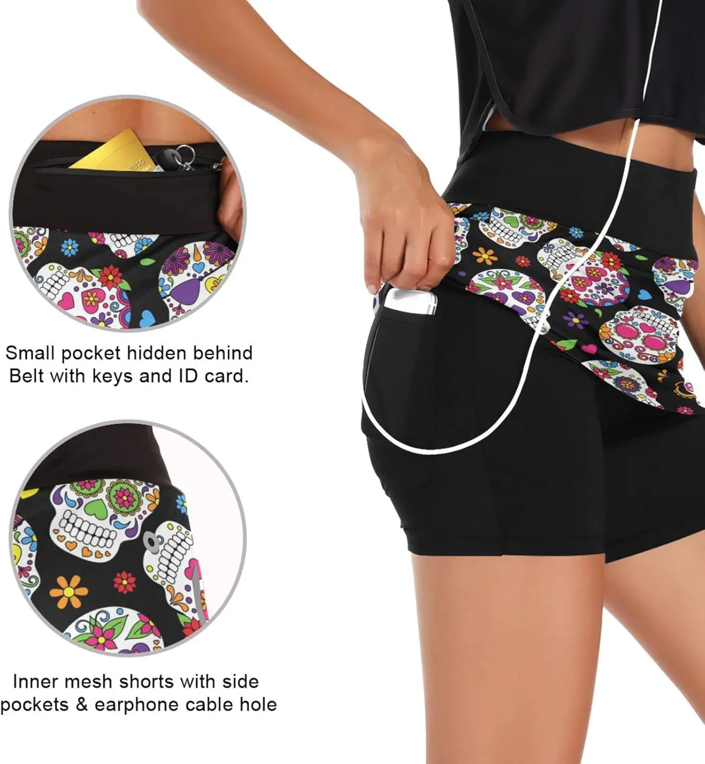 Day of The Dead Sugar Skull Woman Tennis Skirts with Pockets Hiking Running Workout Skorts Skirts