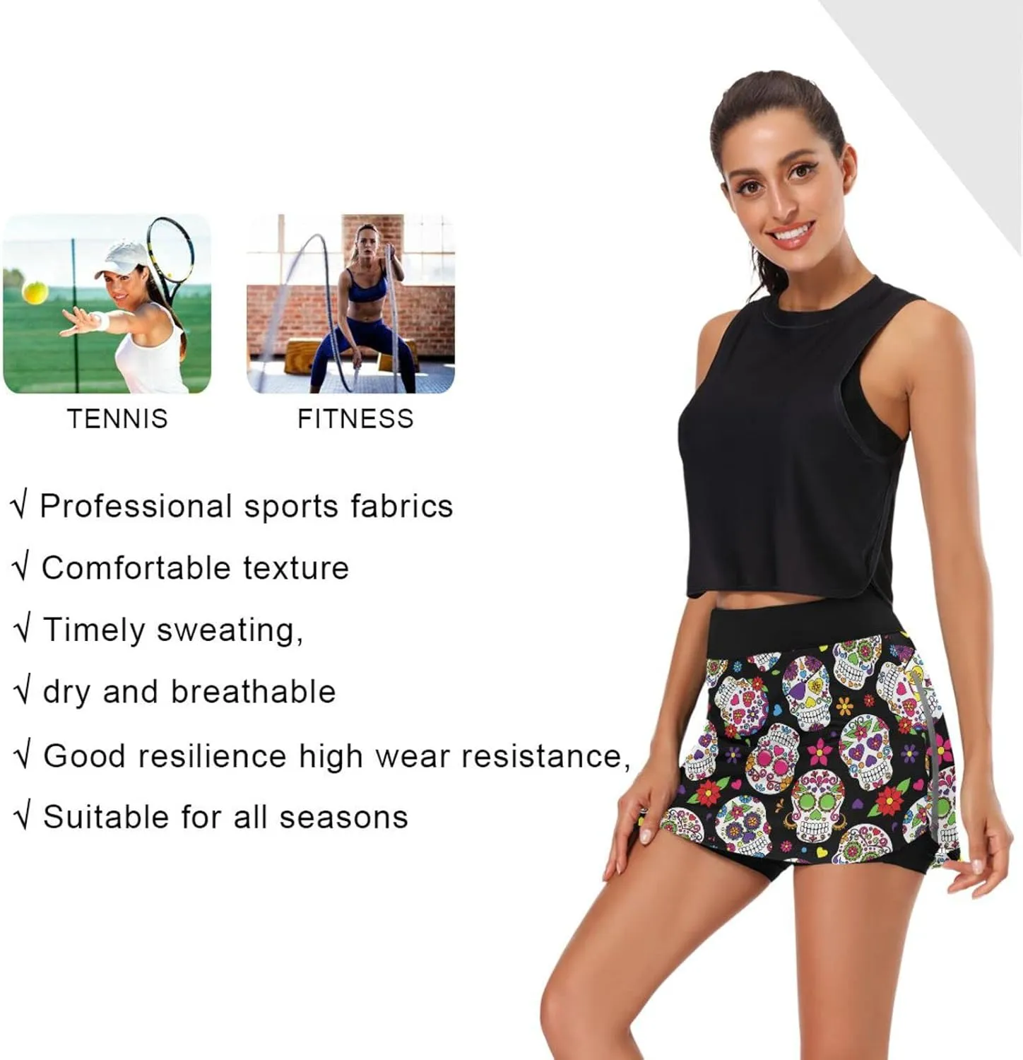Day of The Dead Sugar Skull Woman Tennis Skirts with Pockets Hiking Running Workout Skorts Skirts