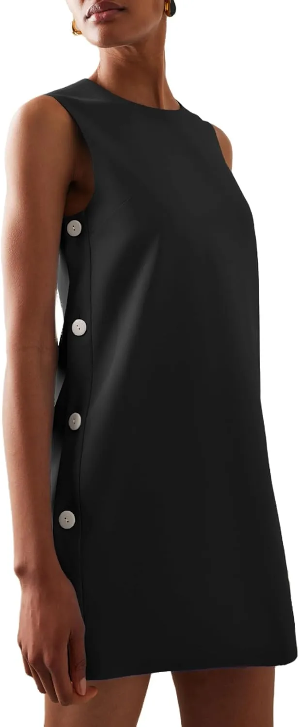 Dqbeng Women's Casual Mini Shift Dress Tunic A-Line Sleeveless Buttoned Summer Dresses with Back Zipper