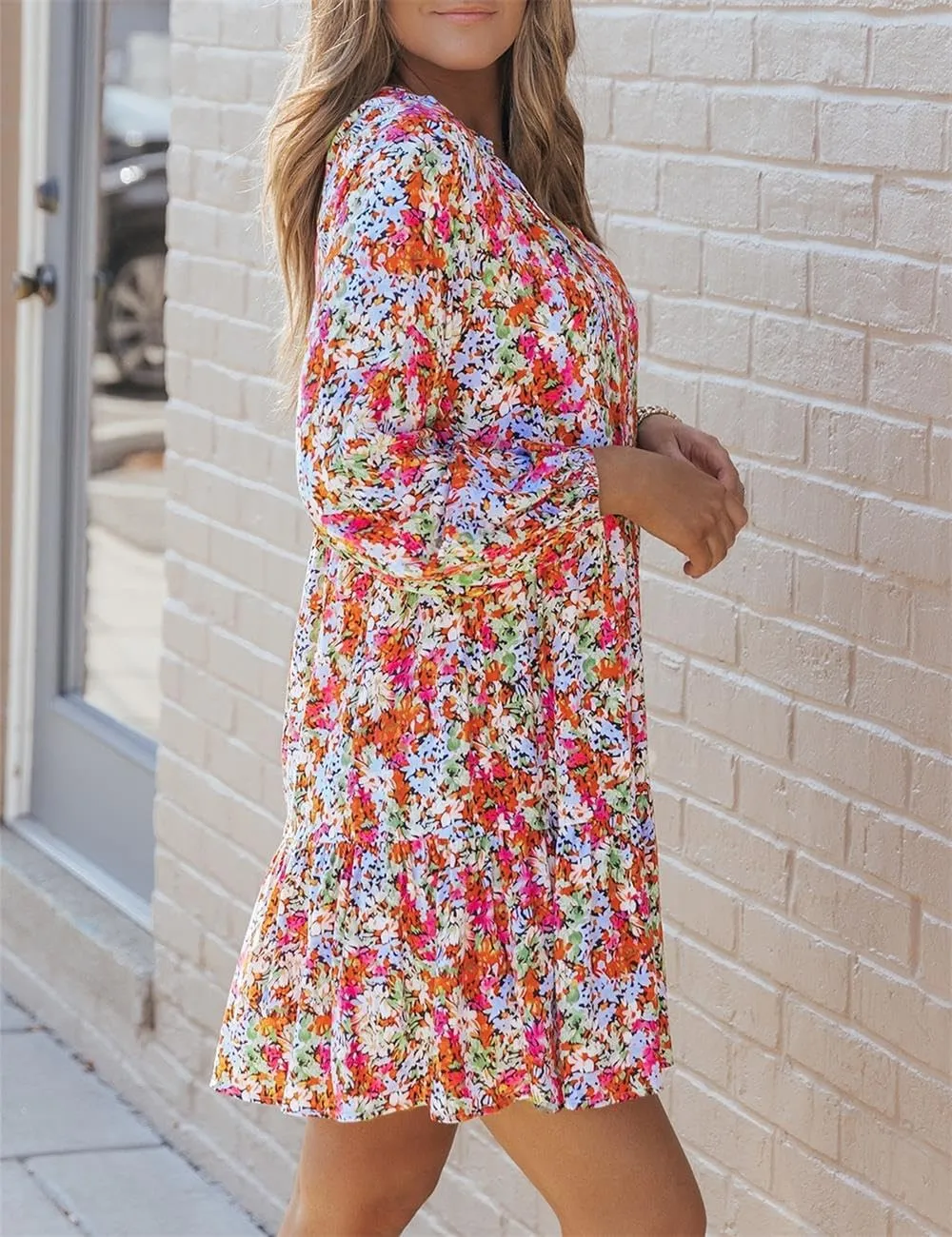 Ecosunny Women's Tie V Neck Floral Print Dress Ruffle Casual Loose Beach Dress Long Sleeve Swing Mini Dress