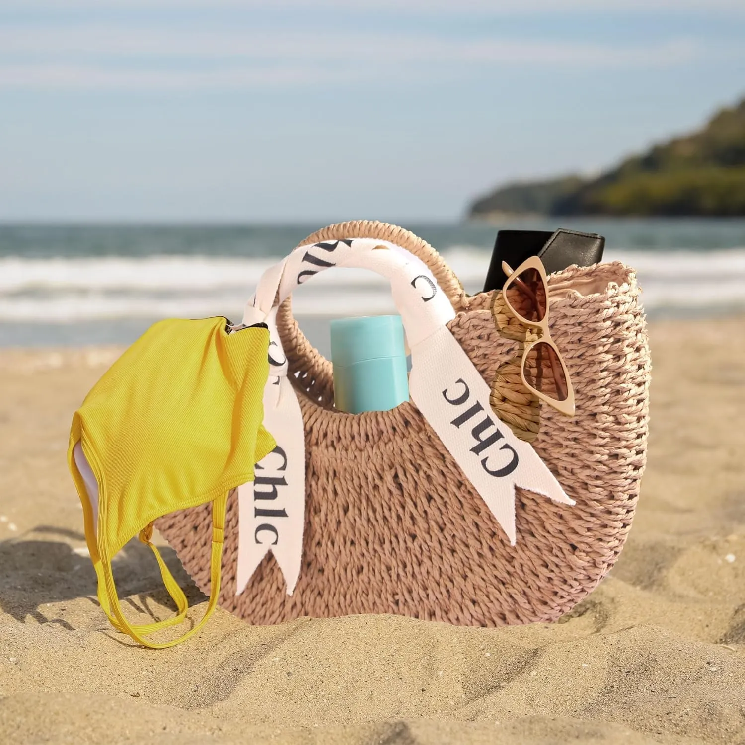 Eiyye Women's Shoulder Handbag Straw Beach Bag Woven Bag Handbag Purse Summer Beach Bag, Khaki
