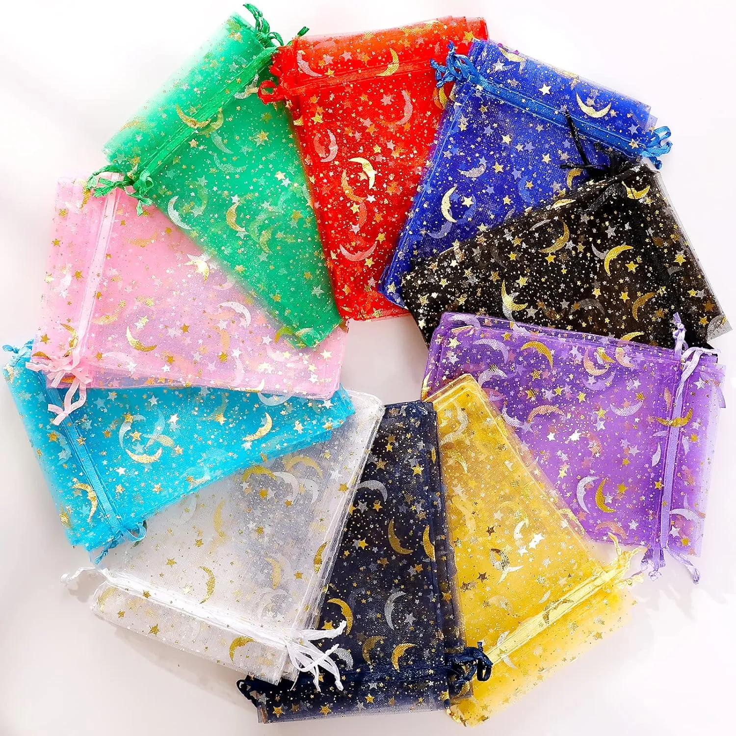 ENNIYU 100 Pieces Moon Star Organza Bags, 4x6 Mixed Color Christmas Wedding Favors Gift Drawstring Bags Jewelry Pouches Candy Mesh Pouches