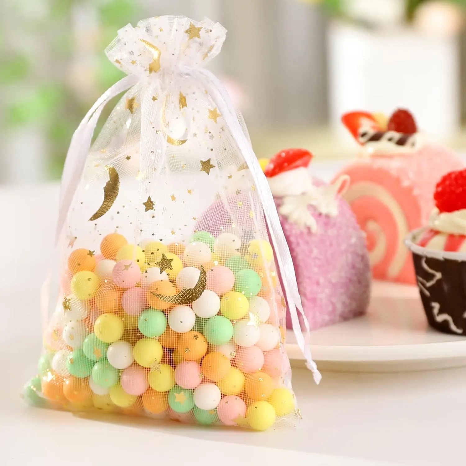 ENNIYU 100 Pieces Moon Star Organza Bags, 4x6 Mixed Color Christmas Wedding Favors Gift Drawstring Bags Jewelry Pouches Candy Mesh Pouches