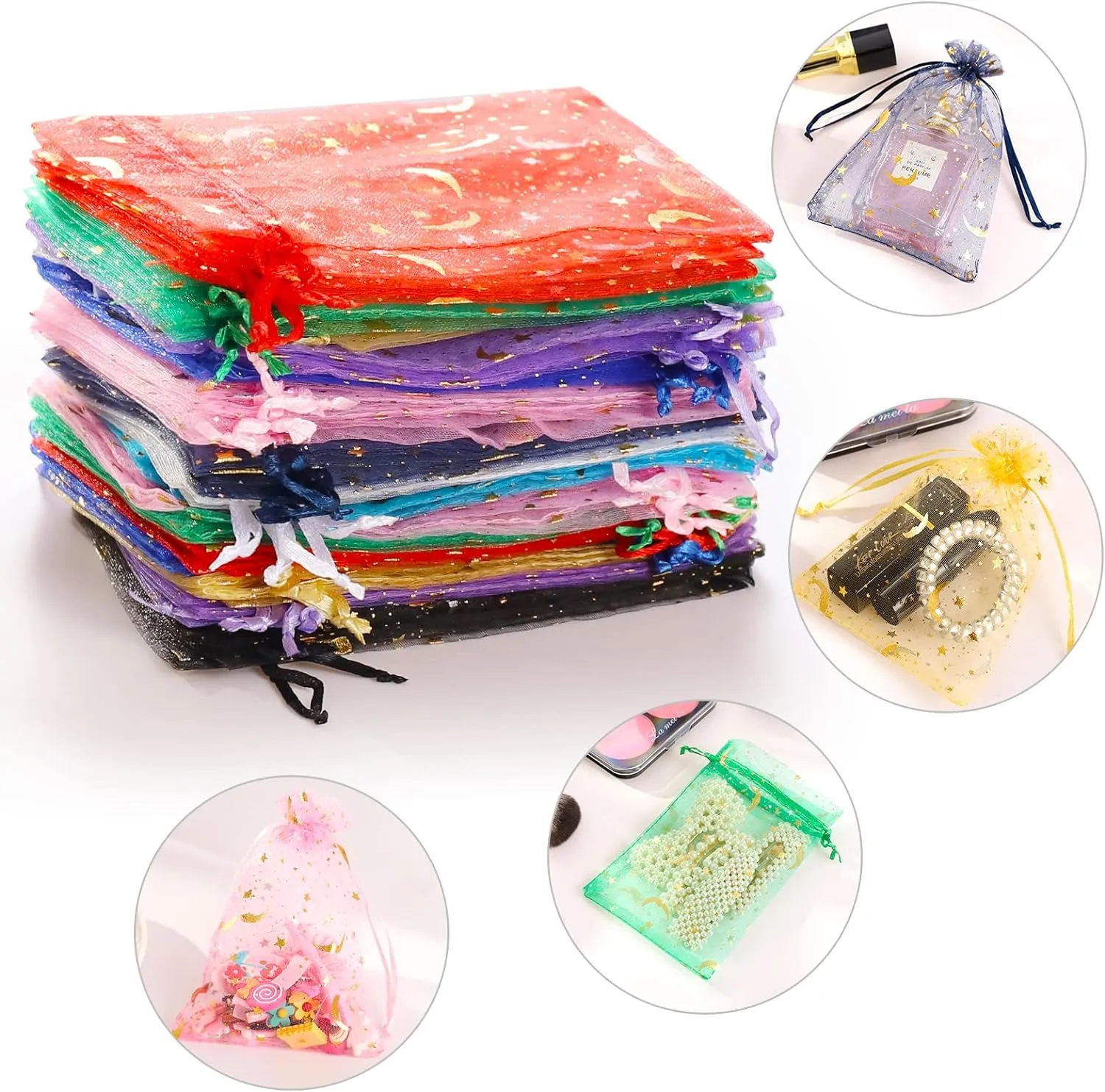 ENNIYU 100 Pieces Moon Star Organza Bags, 4x6 Mixed Color Christmas Wedding Favors Gift Drawstring Bags Jewelry Pouches Candy Mesh Pouches
