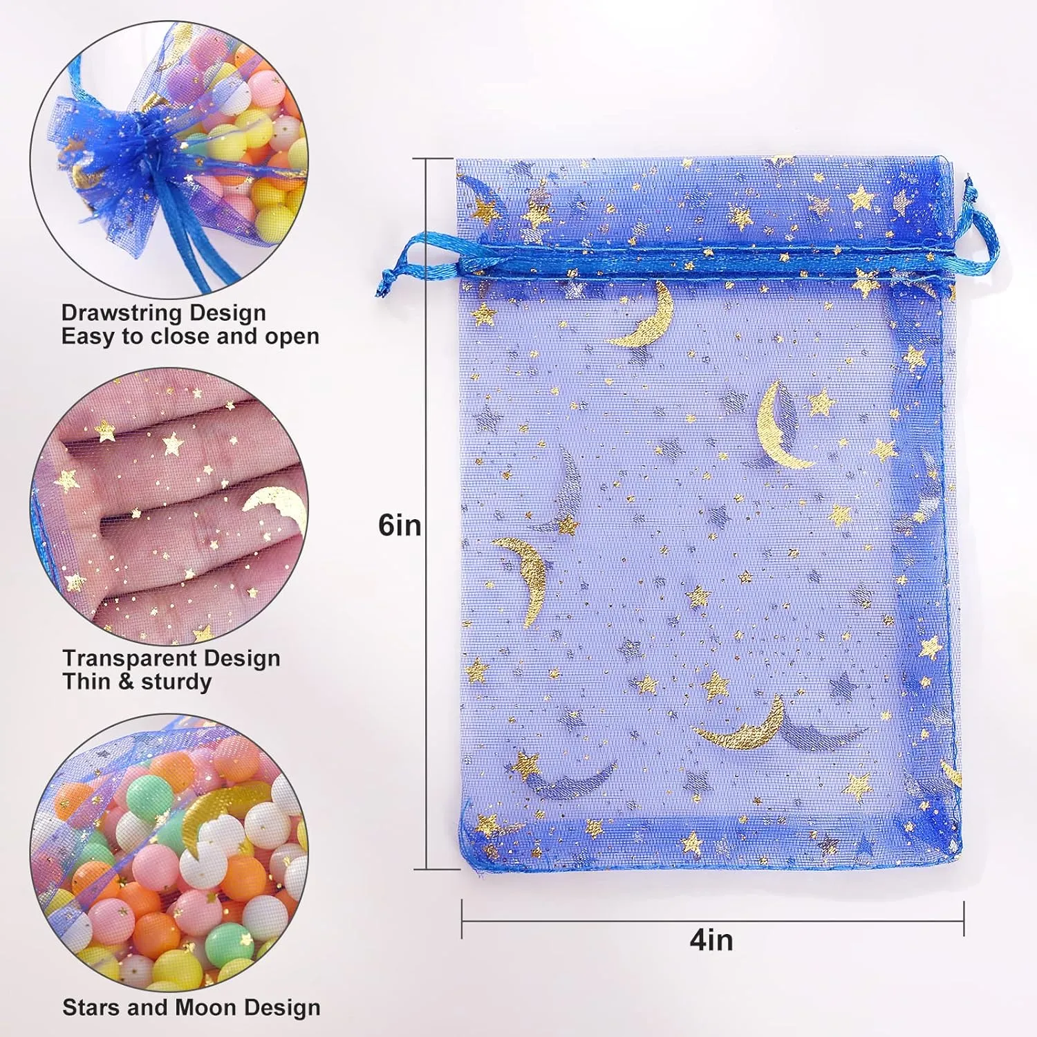 ENNIYU 100 Pieces Moon Star Organza Bags, 4x6 Mixed Color Christmas Wedding Favors Gift Drawstring Bags Jewelry Pouches Candy Mesh Pouches