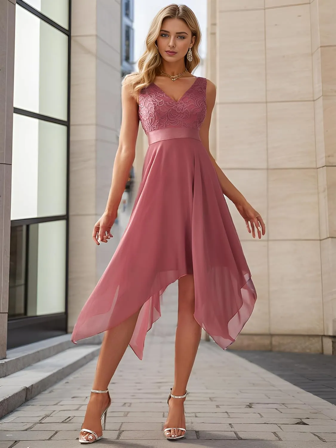 Ever-Pretty Women's Sexy V Neck Empire Waist Sleeveless Lace Chiffon Hi-Lo Cocktail Dress 00207-PH