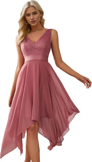 Ever-Pretty Women's Sexy V Neck Empire Waist Sleeveless Lace Chiffon Hi-Lo Cocktail Dress 00207-PH