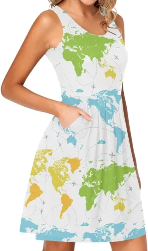 Exnundod Women's Summer Dresses Map of The World Casual Sleeveless Sundresses Tank Dress with Pockets S-XXL
