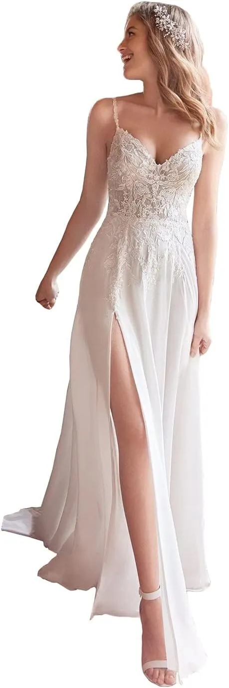 Fanciest Women's Lace Chiffon Beach Wedding Dresses for Bride 2025 with Sleeves Long Bridal Gown
