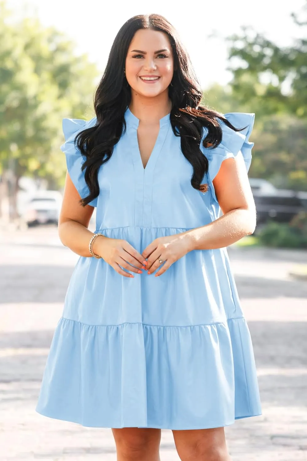 Fisoew Plus Size Dresses for Women Summer Ruffle Short Sleeve V Neck Dress Tiered Swing A Line Babydoll Mini Dress