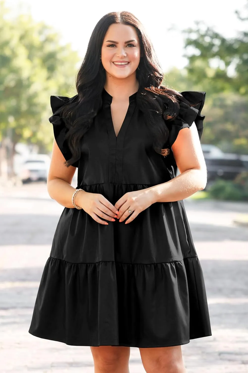 Fisoew Plus Size Dresses for Women Summer Ruffle Short Sleeve V Neck Dress Tiered Swing A Line Babydoll Mini Dress