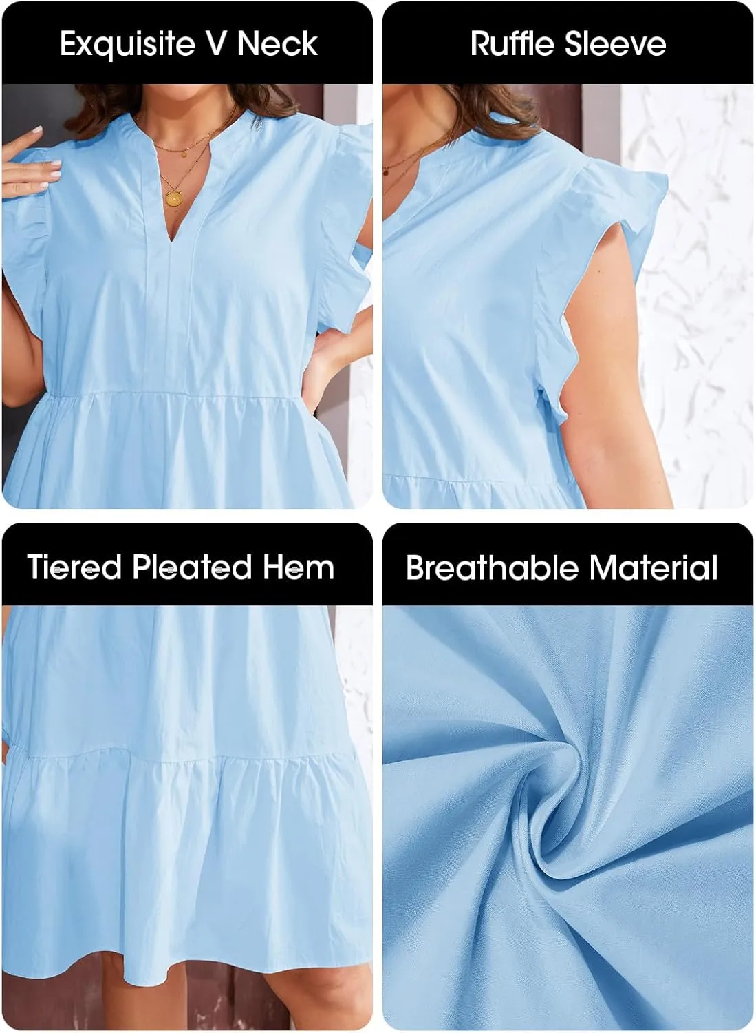 Fisoew Plus Size Dresses for Women Summer Ruffle Short Sleeve V Neck Dress Tiered Swing A Line Babydoll Mini Dress