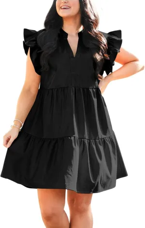 Fisoew Plus Size Dresses for Women Summer Ruffle Short Sleeve V Neck Dress Tiered Swing A Line Babydoll Mini Dress