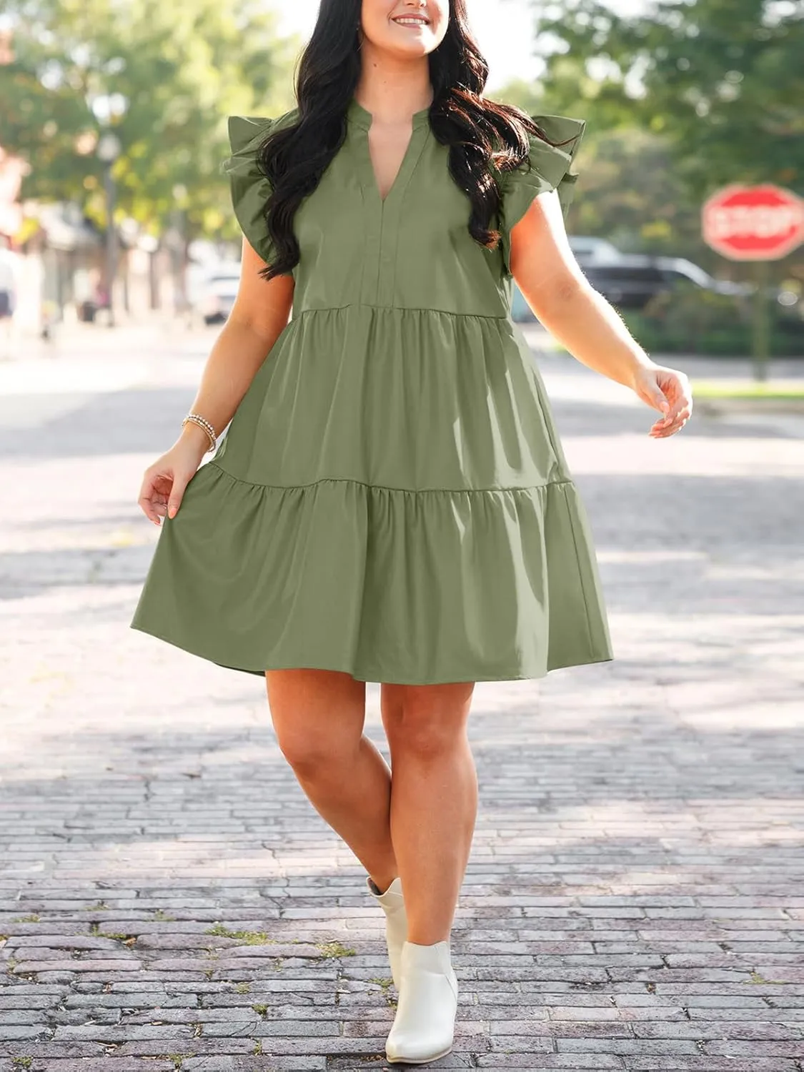 Fisoew Plus Size Dresses for Women Summer Ruffle Short Sleeve V Neck Dress Tiered Swing A Line Babydoll Mini Dress