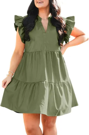 Fisoew Plus Size Dresses for Women Summer Ruffle Short Sleeve V Neck Dress Tiered Swing A Line Babydoll Mini Dress