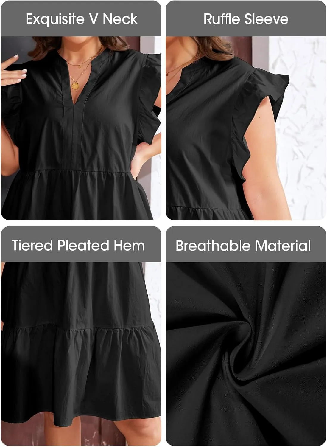 Fisoew Plus Size Dresses for Women Summer Ruffle Short Sleeve V Neck Dress Tiered Swing A Line Babydoll Mini Dress