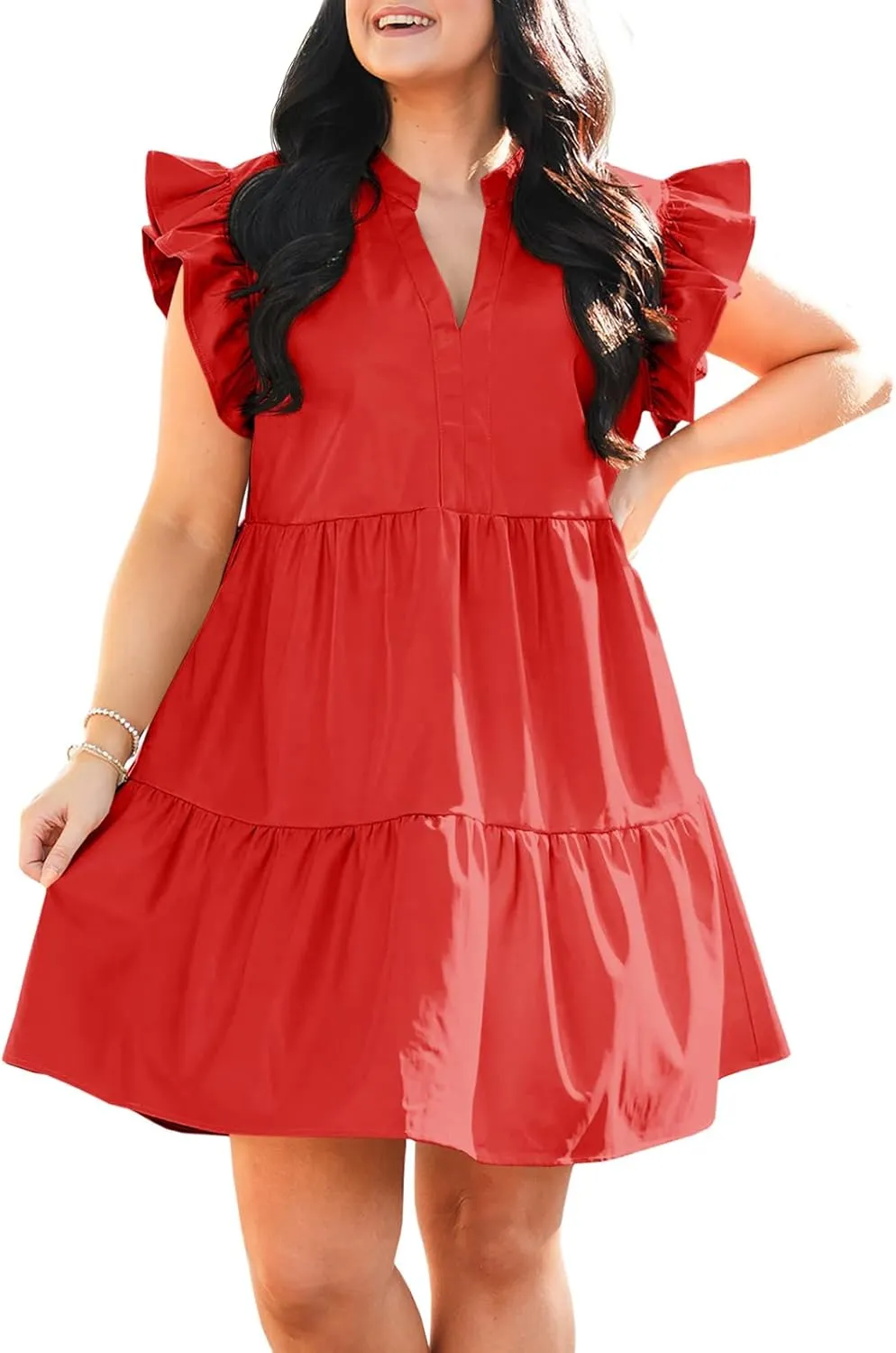 Fisoew Plus Size Dresses for Women Summer Ruffle Short Sleeve V Neck Dress Tiered Swing A Line Babydoll Mini Dress