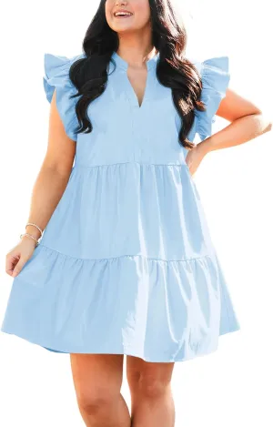 Fisoew Plus Size Dresses for Women Summer Ruffle Short Sleeve V Neck Dress Tiered Swing A Line Babydoll Mini Dress
