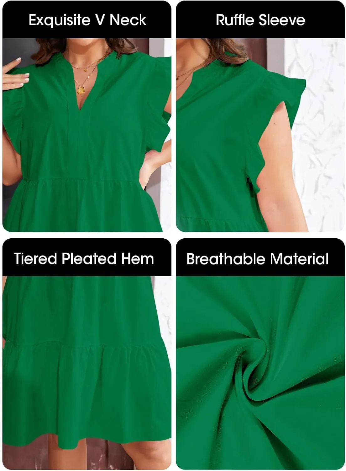 Fisoew Plus Size Dresses for Women Summer Ruffle Short Sleeve V Neck Dress Tiered Swing A Line Babydoll Mini Dress