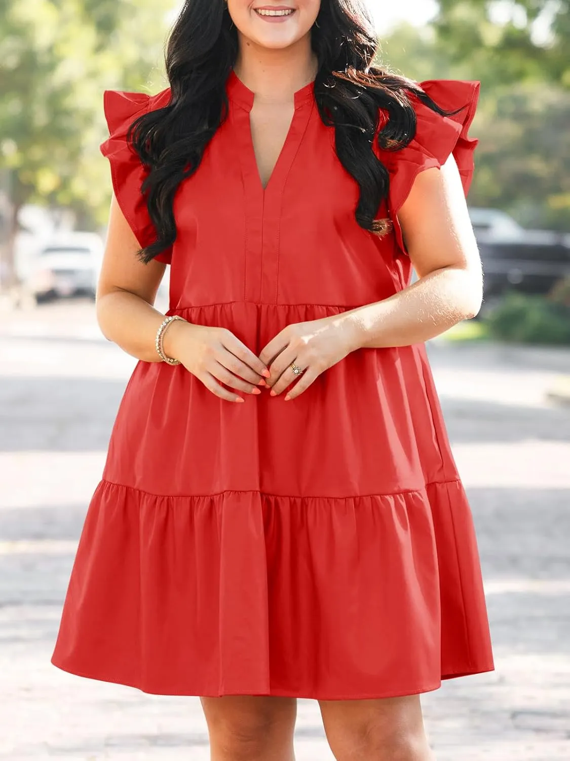 Fisoew Plus Size Dresses for Women Summer Ruffle Short Sleeve V Neck Dress Tiered Swing A Line Babydoll Mini Dress