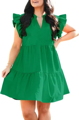 Fisoew Plus Size Dresses for Women Summer Ruffle Short Sleeve V Neck Dress Tiered Swing A Line Babydoll Mini Dress