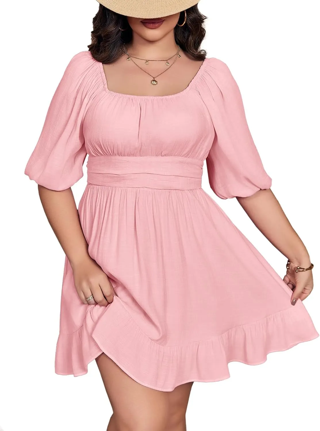 Fisoew Womens Plus Size Mini Dress Summer Puff Short Sleeve Square Neck Tie Back Casual Dresses