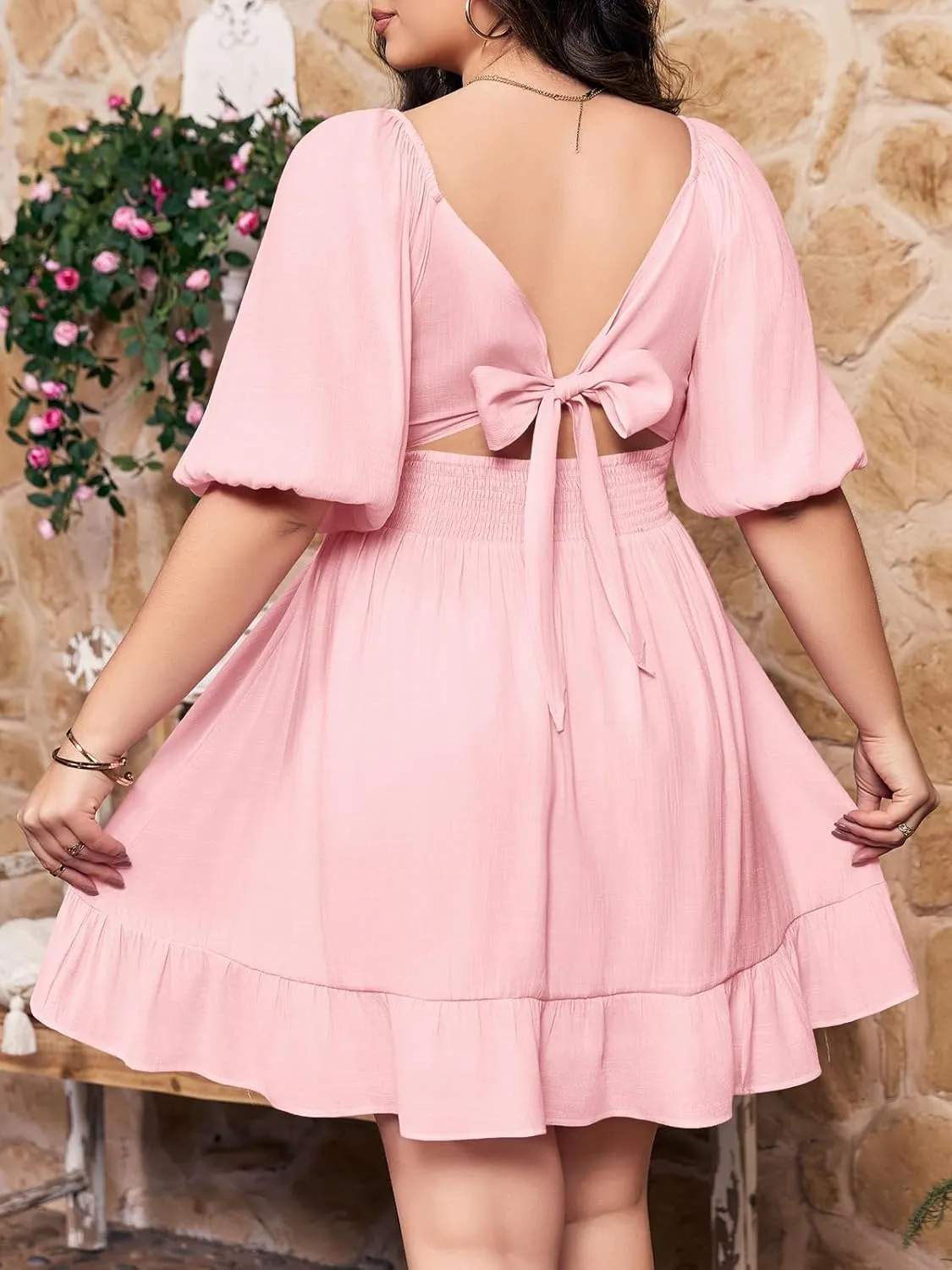 Fisoew Womens Plus Size Mini Dress Summer Puff Short Sleeve Square Neck Tie Back Casual Dresses